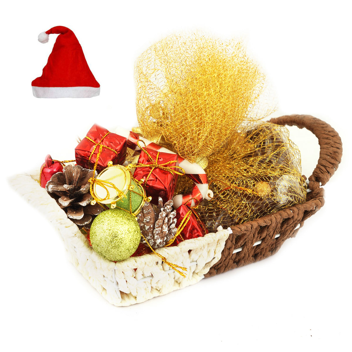 Small Brown Basket with Plum Cake and Christmas Decor