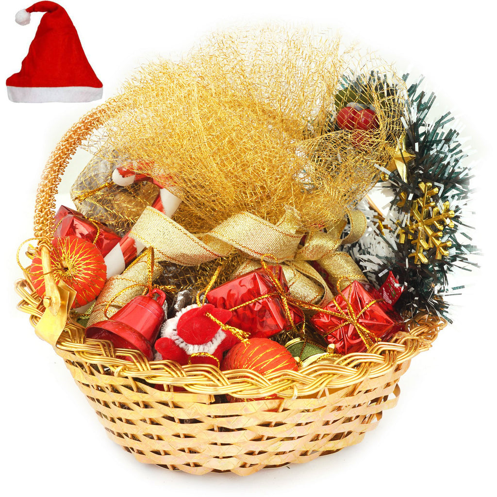 Small Gold Metal Basket with Plum Cake, Christmas Decor and Wreath