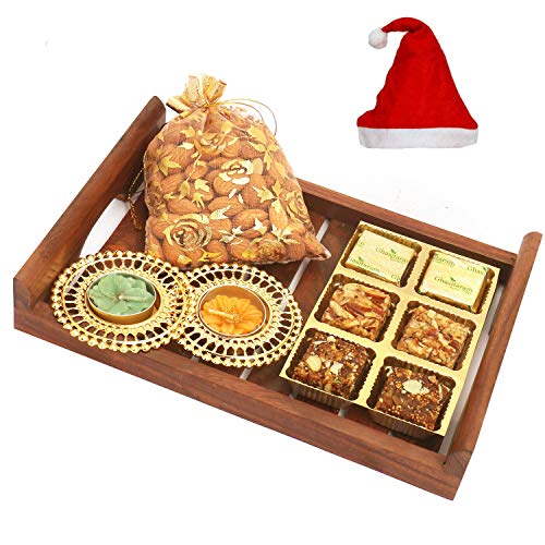 Striped Wooden Tray with Assorted Bites, Almonds and 2 T-lites