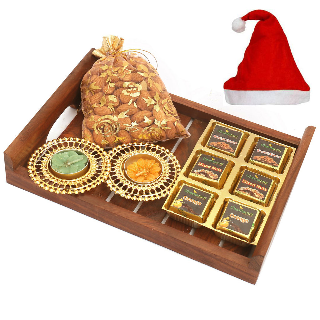 Striped Wooden Tray with Assorted Chocolates, Almonds and 2 T-lites