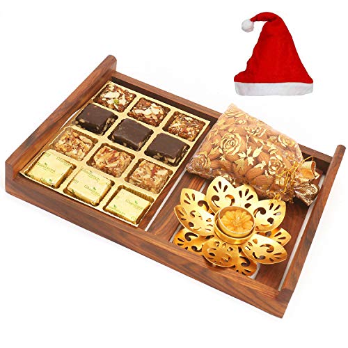 Wooden 12 pcs Assorted Bites Serving Tray with T-lite and Almonds Pouch