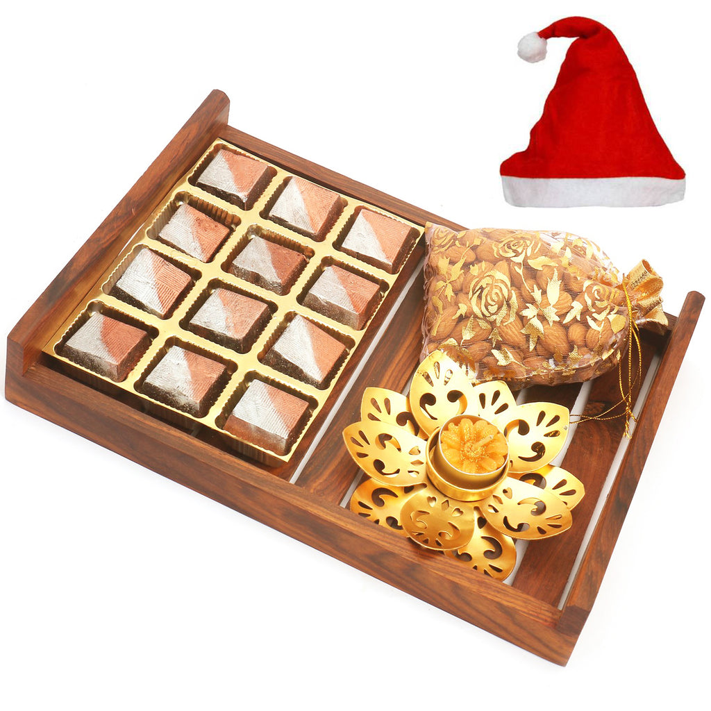 Wooden 12 pcs Sheen Chocolates Serving Tray with T-lite and Almonds Pouch