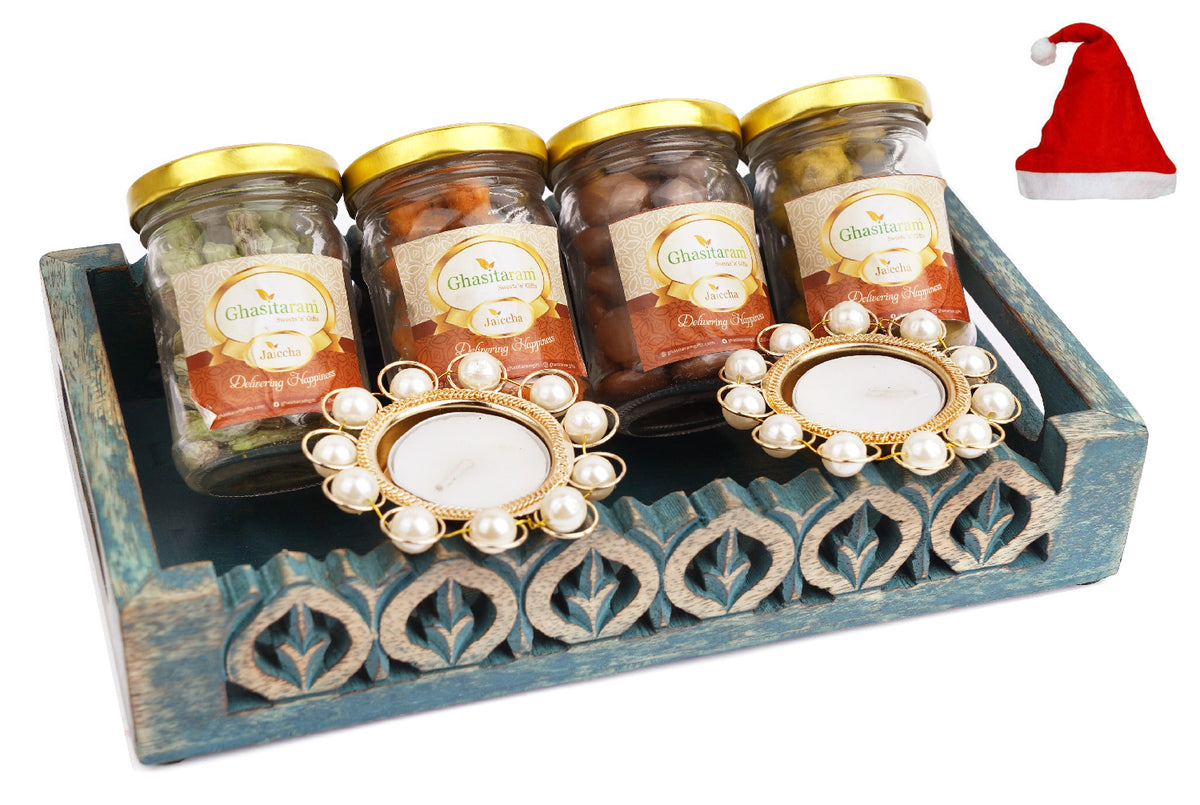 Blue Wooden Serving Tray with Paan Raisins, Crunchy Coated Cashews, Chocolate Coated Almonds, Crunchy Coated Peanuts and T-lites