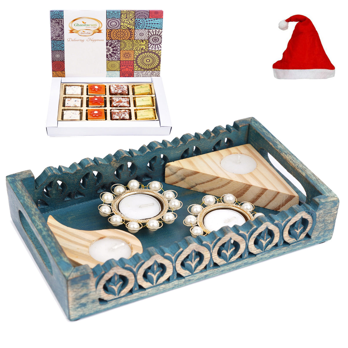 Blue Wooden Serving Tray with 6 Assorted Bites, Paan Raisins and Crunchy Coated Cashews