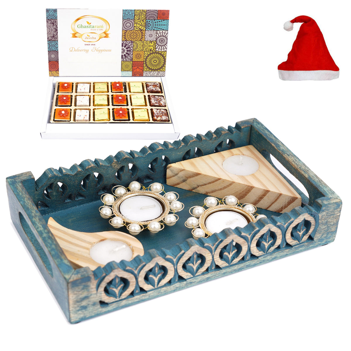 Blue Wooden Serving Tray with 6 Assorted Bites, Paan Raisins and Crunchy Coated Cashews