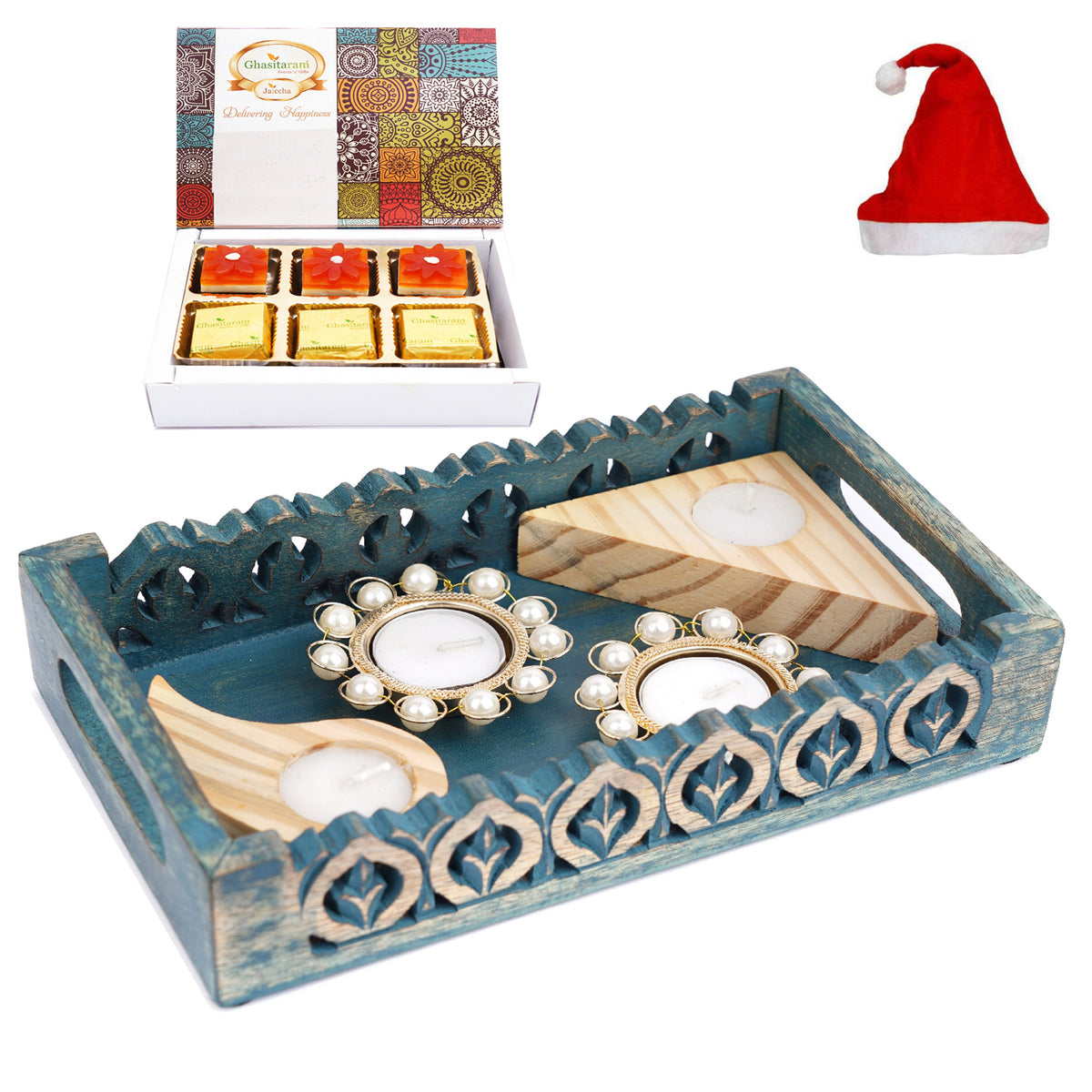 Blue Wooden Serving Tray with 6 Assorted Bites, Paan Raisins and Crunchy Coated Cashews