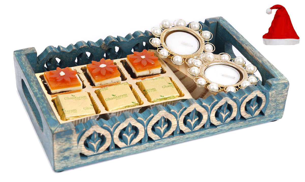 Blue Wooden Serving Tray with 6 Assorted Bites and T-lItes