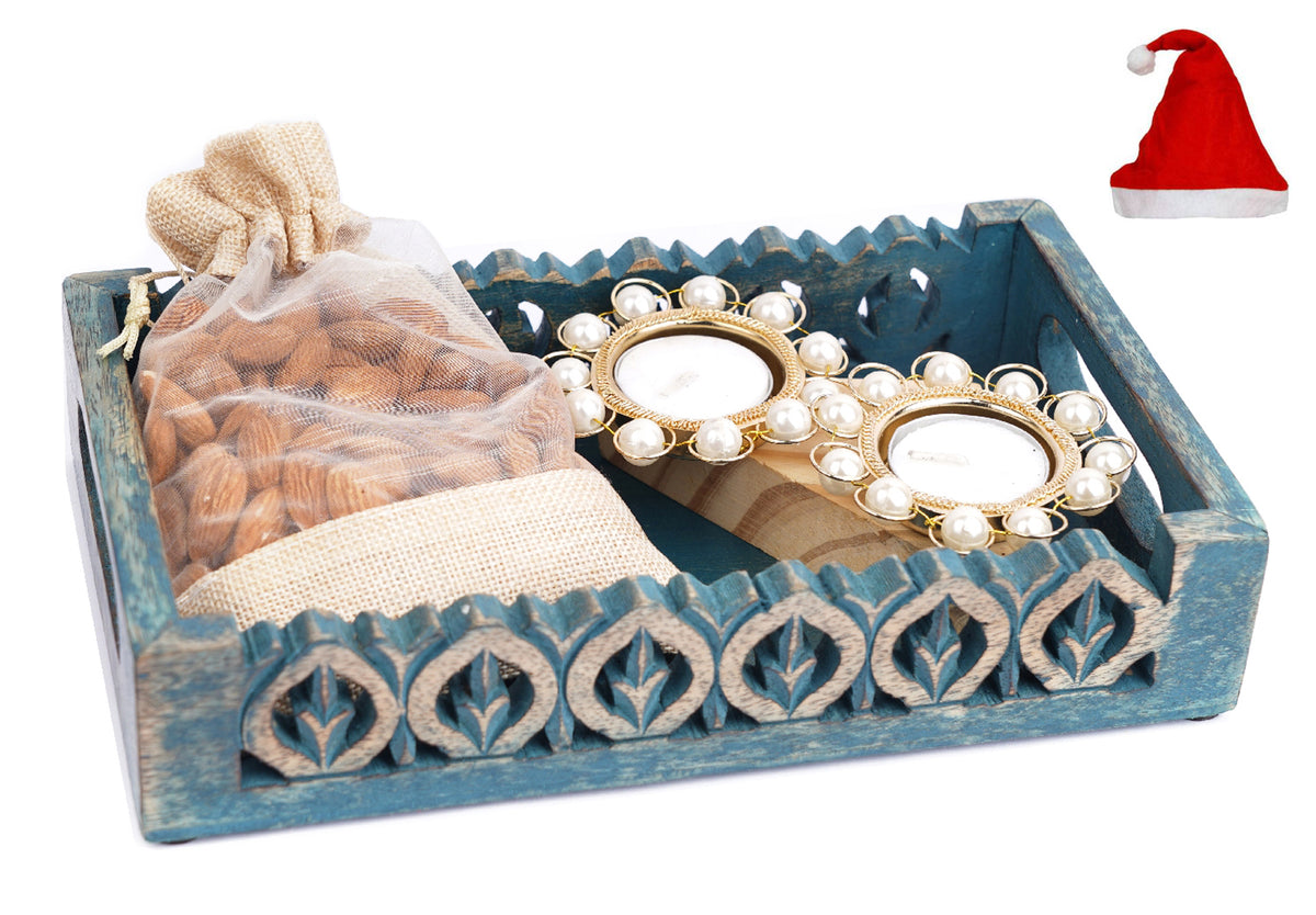 Blue Wooden Serving Tray with Jute Potli Almonds and T-lites