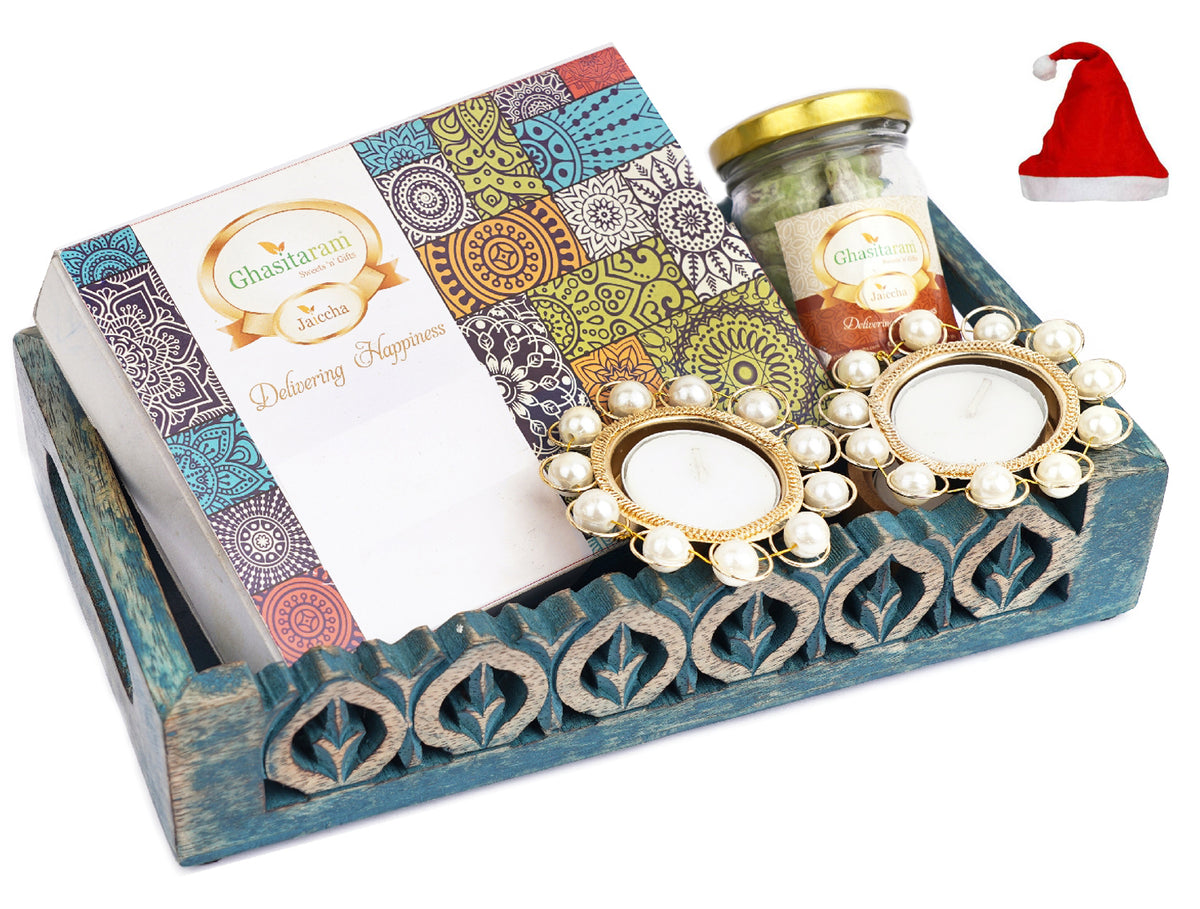 Blue Wooden Serving Tray with 6 Assorted Bites, Paan Raisins and Crunchy Coated Cashews