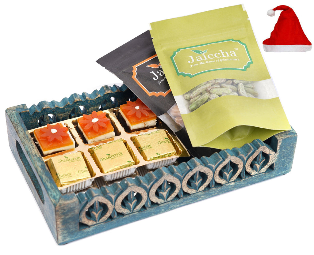 Blue Wooden Serving Tray with 6 Assorted Bites, Paan Raisins and Crunchy Coated Cashews