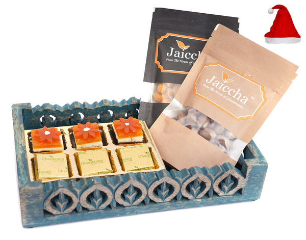 Blue Wooden Serving Tray with 6 Assorted Bites, Chcolate Coated Almonds and Crunchy Coated Cashews