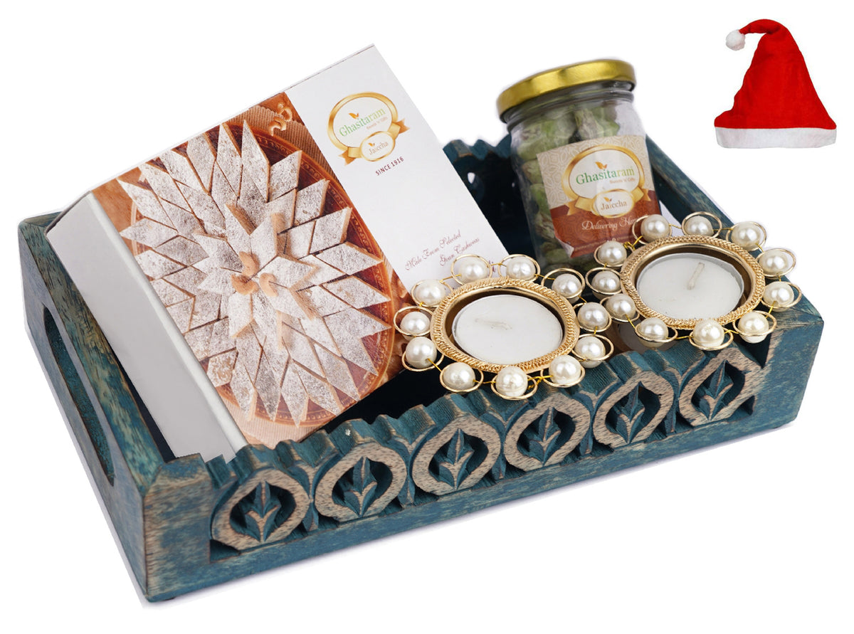 Blue Wooden Serving  Tray with Kaju Katlis, Paan Raisins and T-lItes 
