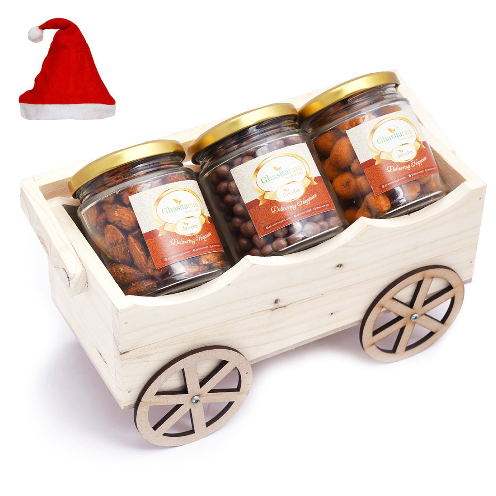Natural Wooden Cart with Chocolate Coated Butterscotch, Crunchy Coated Cashews and Peri Peri Almonds Jars