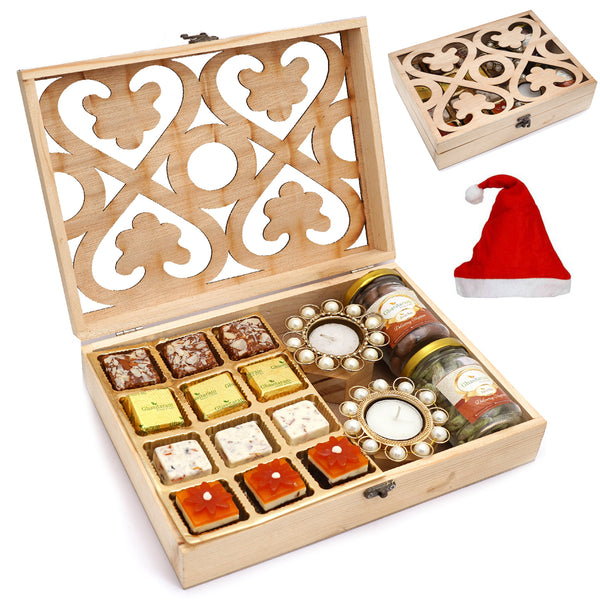 Natural Wood Carving Box Big with Assorted Bites 12 pcs, T-Lites, Chocolate Coated Almonds Jar and Paan Raisins Jar