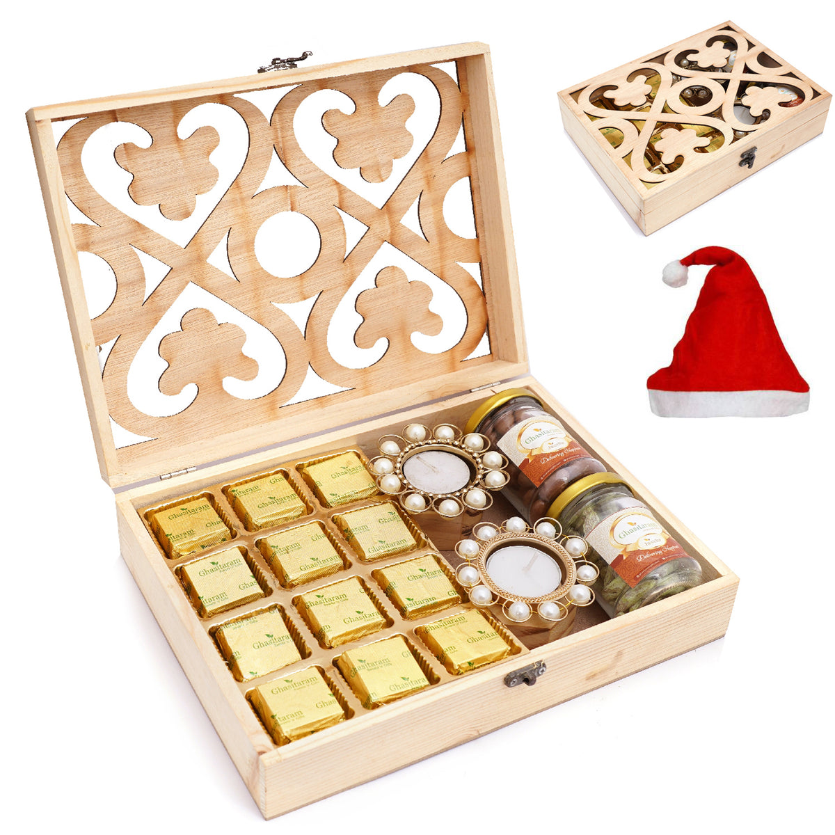 Natural Wood Carving Box Big with Mewa Bites 12 pcs, 2 Pearl T-Lites, Chocolate Coated Almonds Jar and Paan Raisins Jar