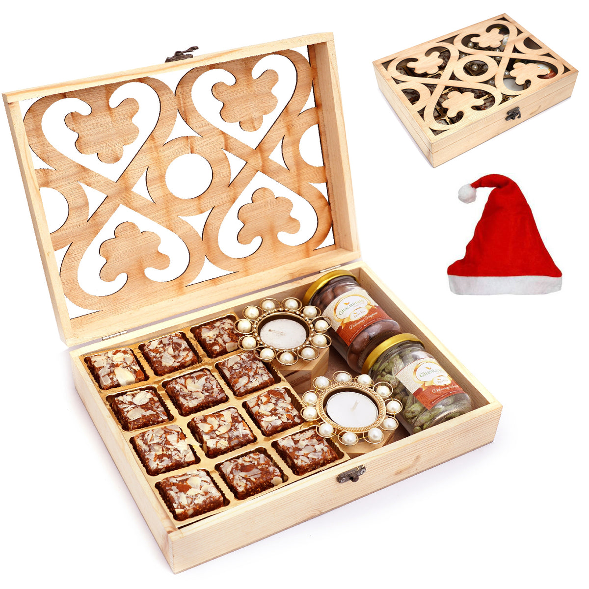 Natural Wood Carving Box Big with Sugafree Bites 12 pcs,  2 Pearl T-Lites, Chocolate Coated Almonds Jar and Paan Raisins Jar