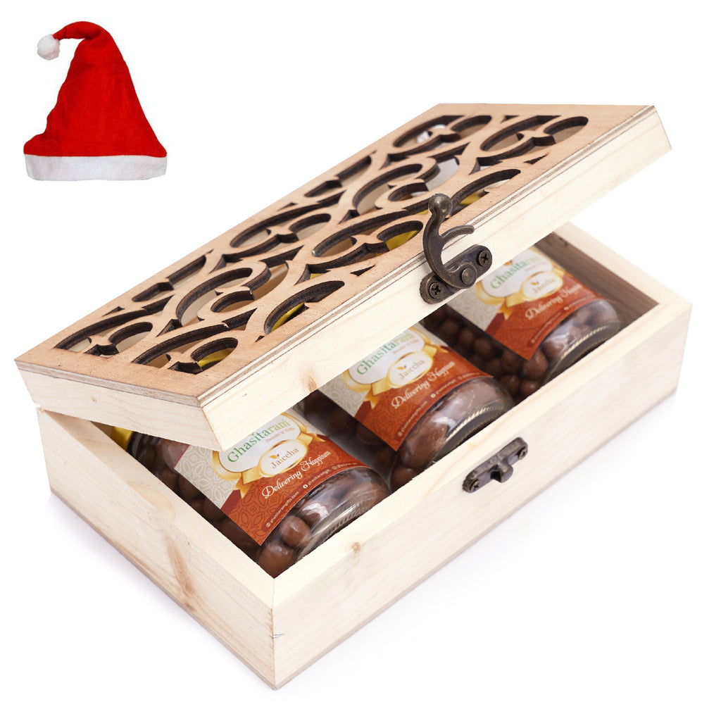 Natural Wood Carving Box with Chocolate Coated Almond, Chocolate Coated Butterscotch and Chocolate Coated Rasins