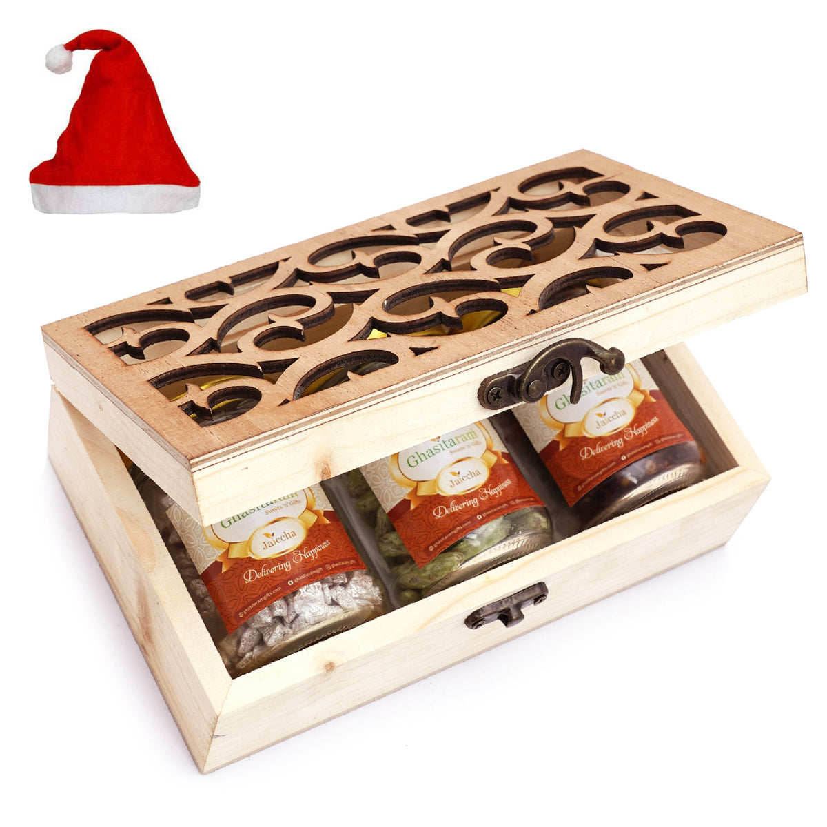 Natural Wood Carving Box with Paan Raisins, Silver Supari and Banarsi Paan