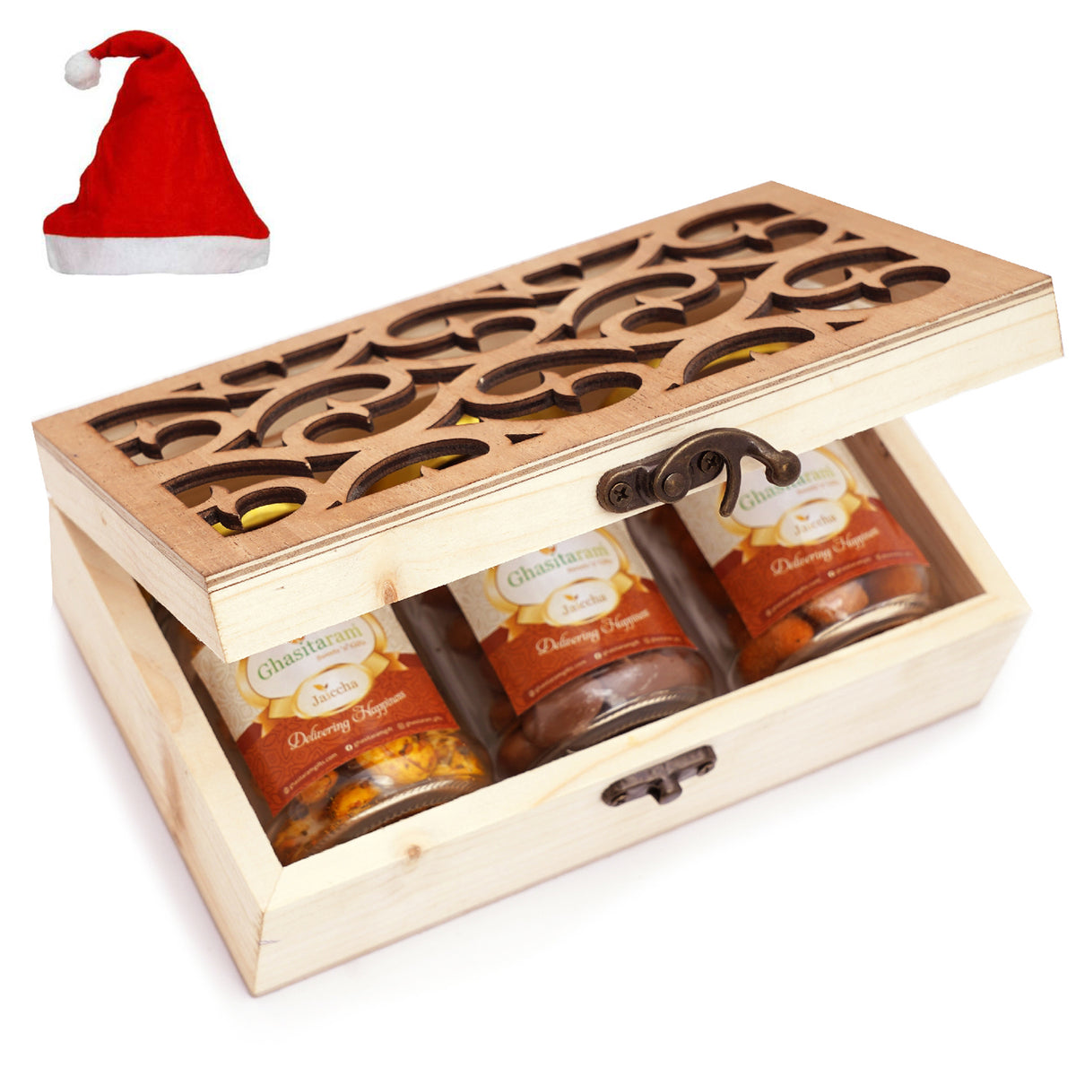 Natural Wood Carving Box with Chocolate Coated Cashews, Crunchy Cashews and Garlic Cashews