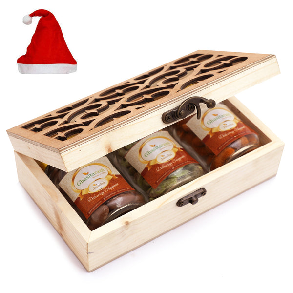 Natural Wood Carving Box with Chocolate Coated Almond, Crunchy Cashews and Paan Raisins