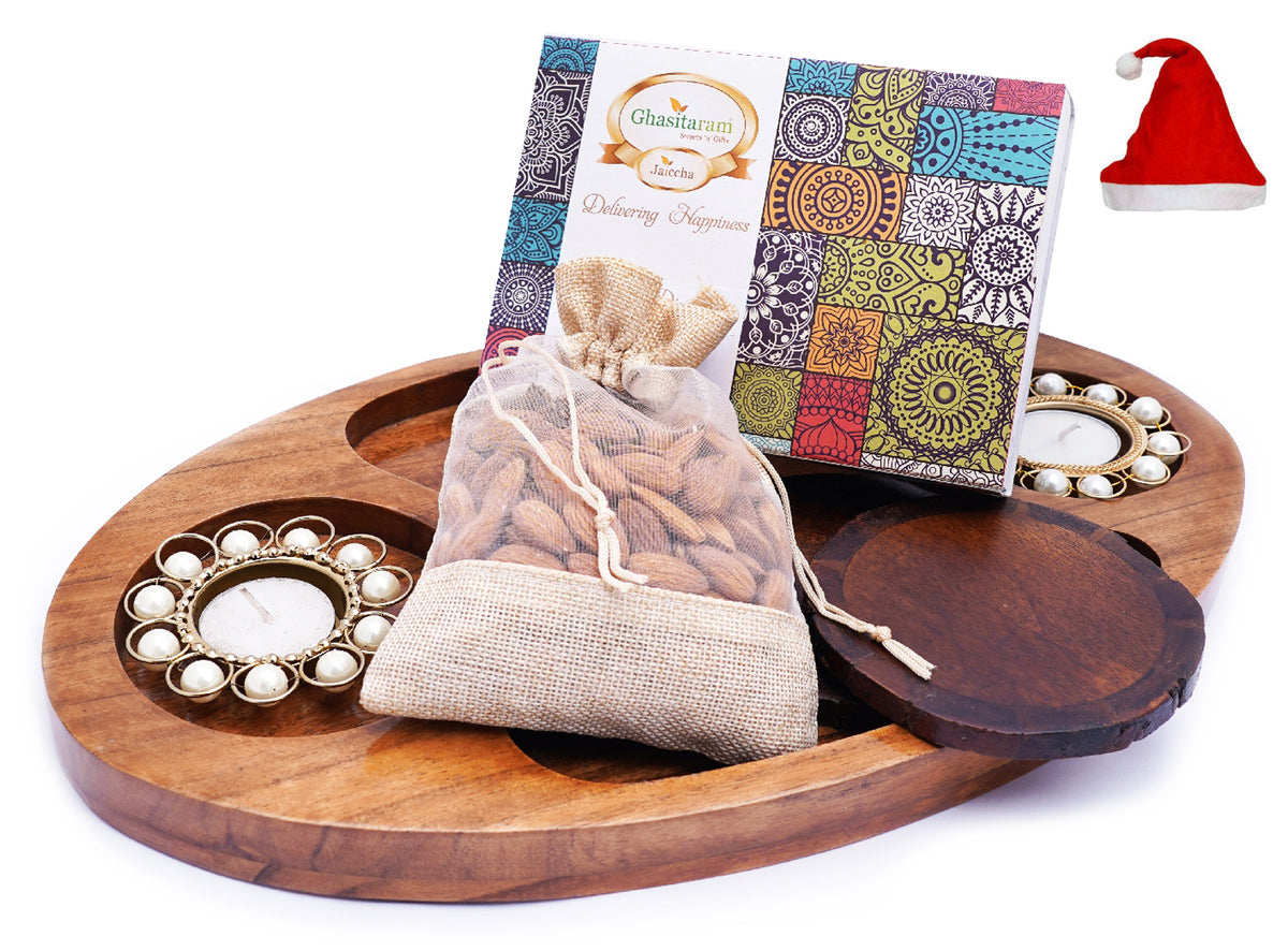 Chip n Dip Wooden Platter with T-lites, Coasters, Almonds Pouch And Kaju Katli