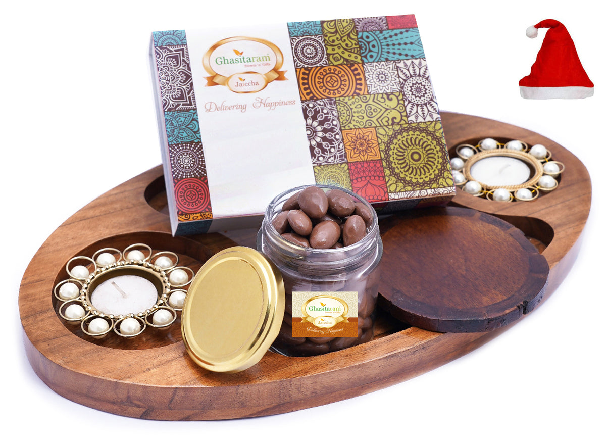 Chip n Dip Wooden Platter with T-lites, Coasters, Almonds Pouch And Kaju Katli