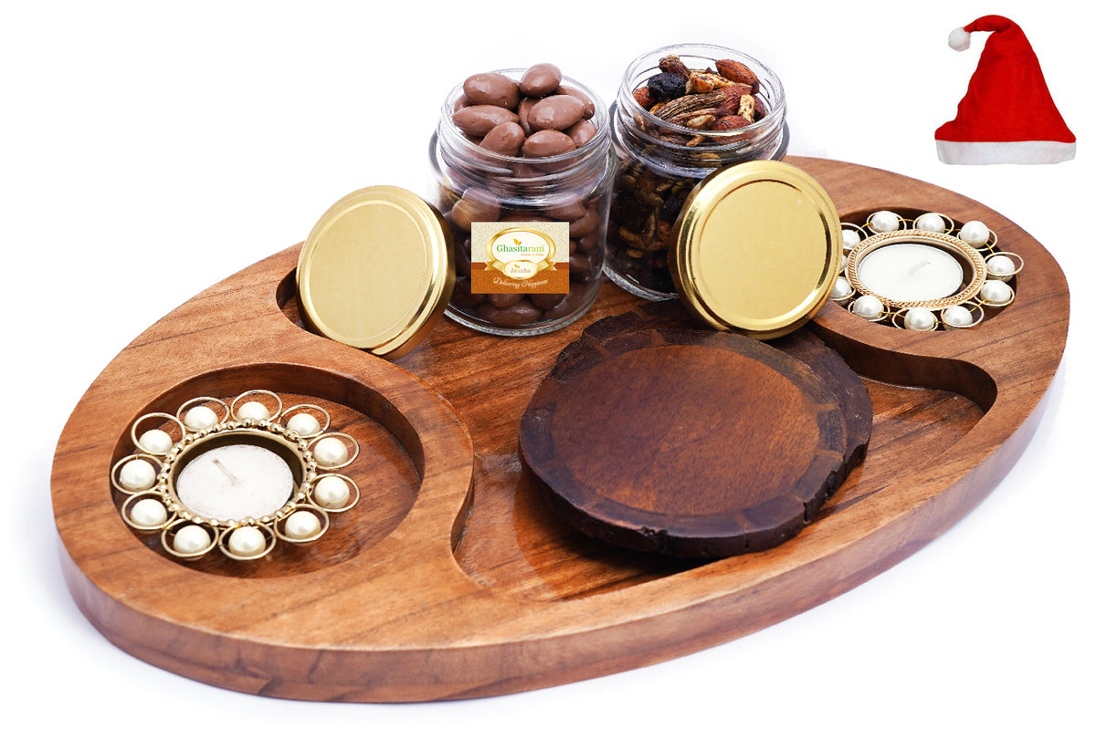 Chip n Dip Wooden Tray with T-lites, Coasters, Chocolate Caoted Almonds and Miixes Dryfruit Jars