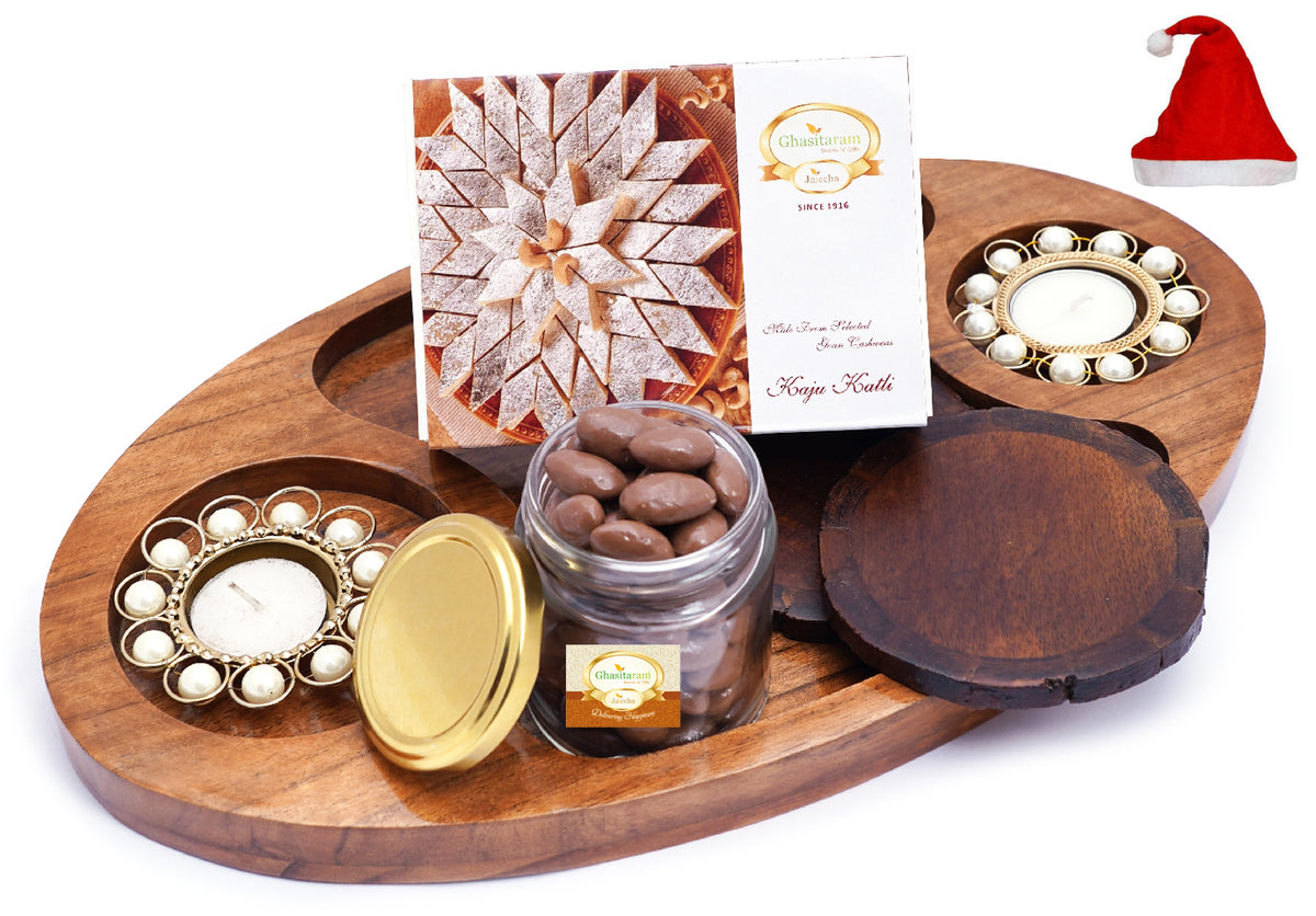 Chip n Dip Wooden Tray with T-lites, Coasters, Chocolate Almonds Jar and Kaju Katli Box