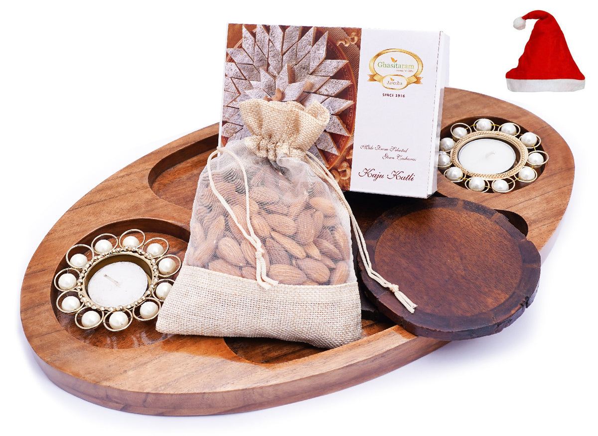 Chip n Dip Wooden Platter with T-lites, Coasters, Almonds Pouch And Kaju Katli