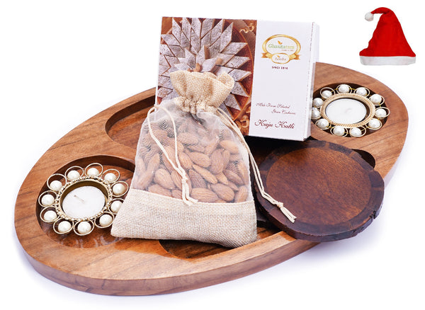 Chip n Dip Wooden Platter with T-lites, Coasters, Almonds Pouch And Kaju Katli