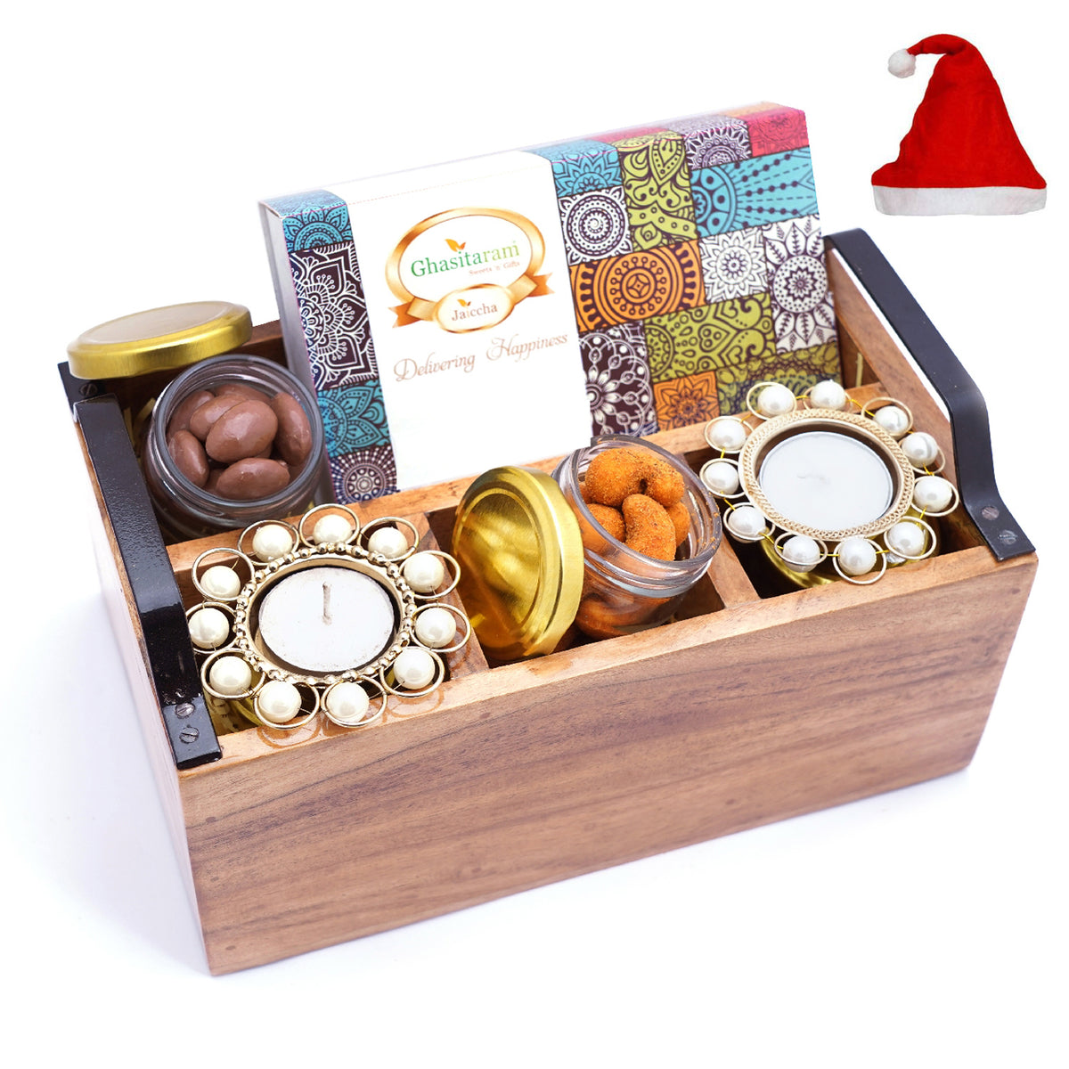 Wooden Cutlery Stand with T-lites, Bites, Crunchy Cashews, Chocolate Coated Almonds