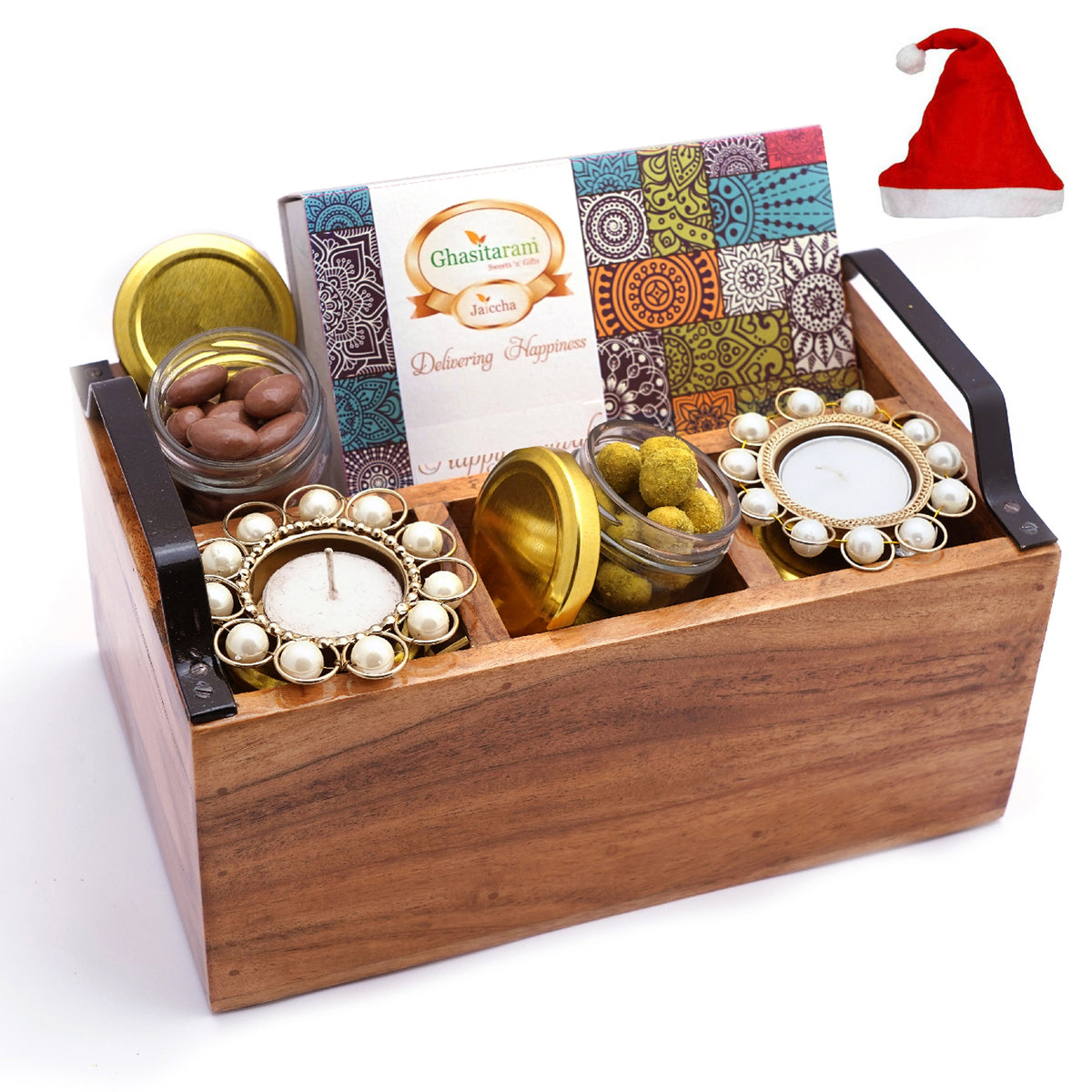 Wooden Cutlery Stand with T-lites, Bites, Crunchy Cashews, Chocolate Coated Almonds