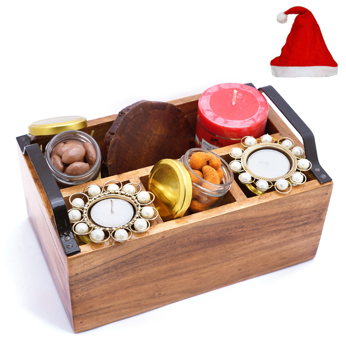 Wooden Cutlery Stand with T-lites, crunchy Cashews, Chocolate Coated Almonds,Wooden Coasters and Scented Candle