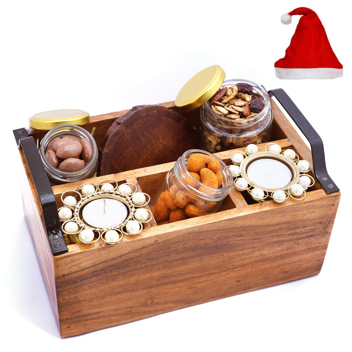 Wooden Cutlery Stand with T-lites,Mixed Dryfruit, crunchy Cashews, Chocolate Coated Almonds and Wooden Coasters