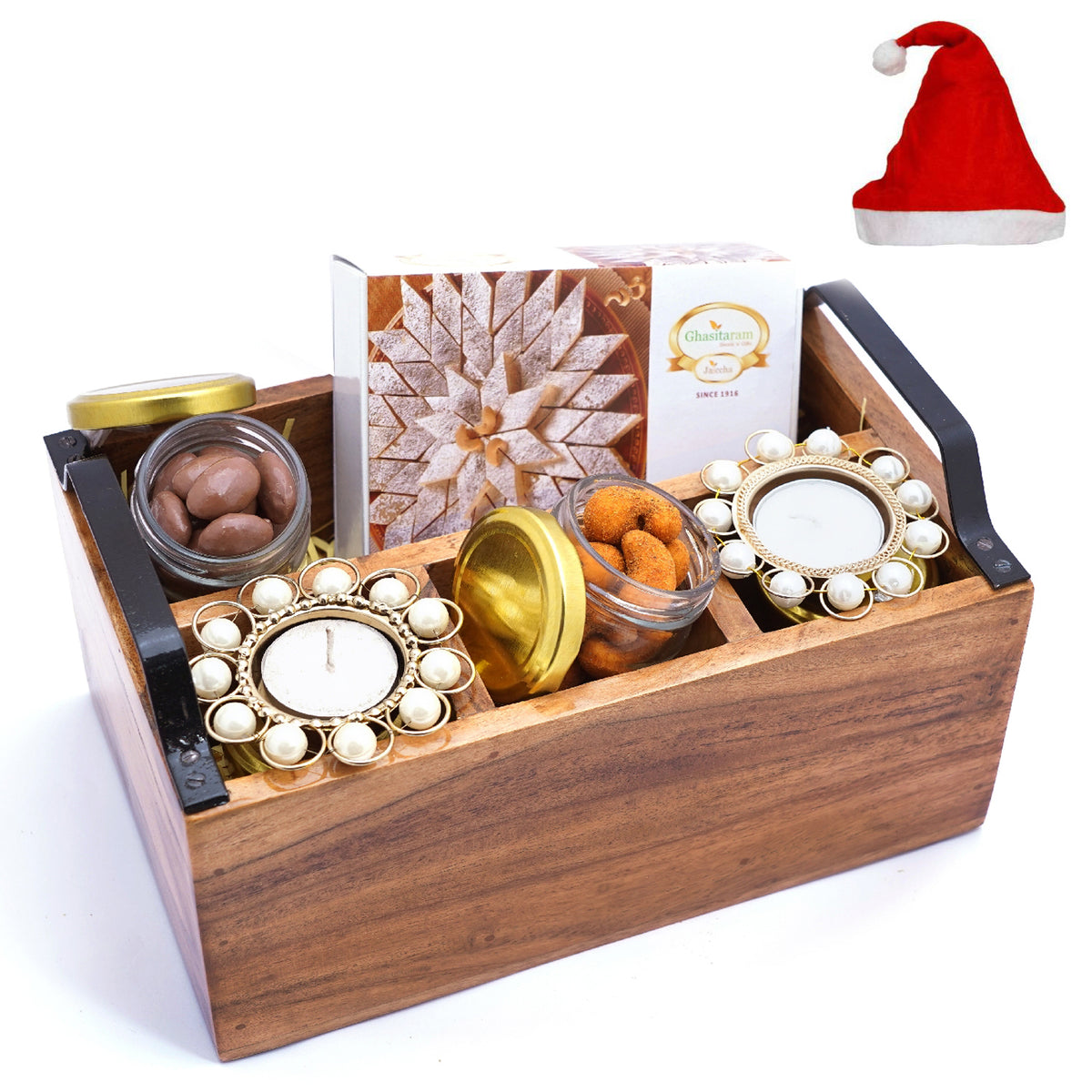 Wooden Cutlery Stand with T-lites, Kaju Katli, crunchy Cashews, Chocolate Coated Almonds