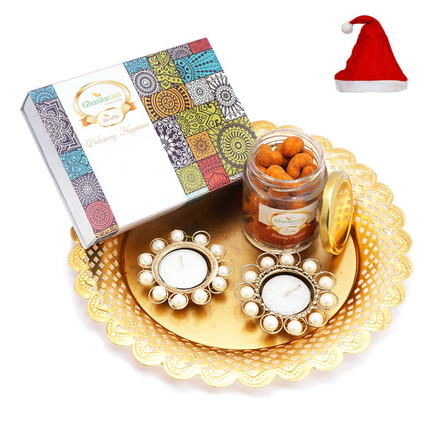 Golden thali with2 T-Lites, Chocoalte Coated Butterscotch and Crunchy Coated Cashews jar