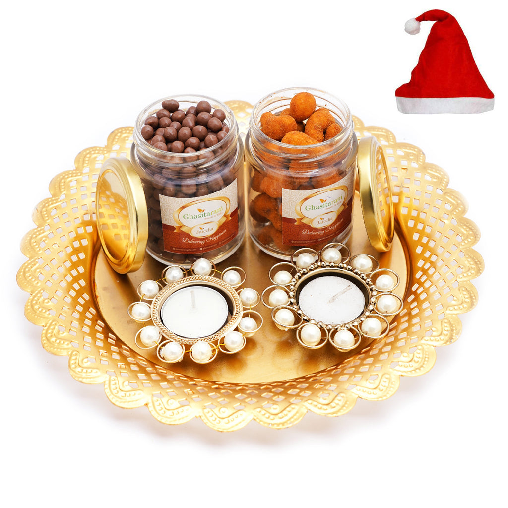 Golden thali with2 T-Lites, Chocoalte Coated Butterscotch and Crunchy Coated Cashews jar