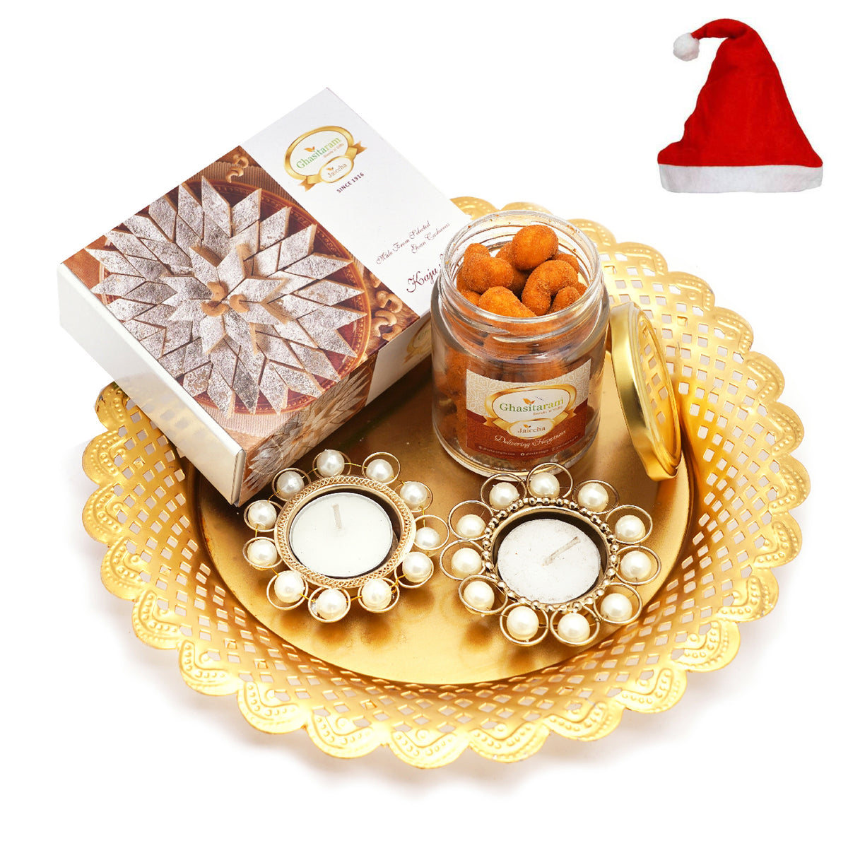 Golden thali with2 T-Lites, Crunchy Coated Cashews jar and Kaju Katli