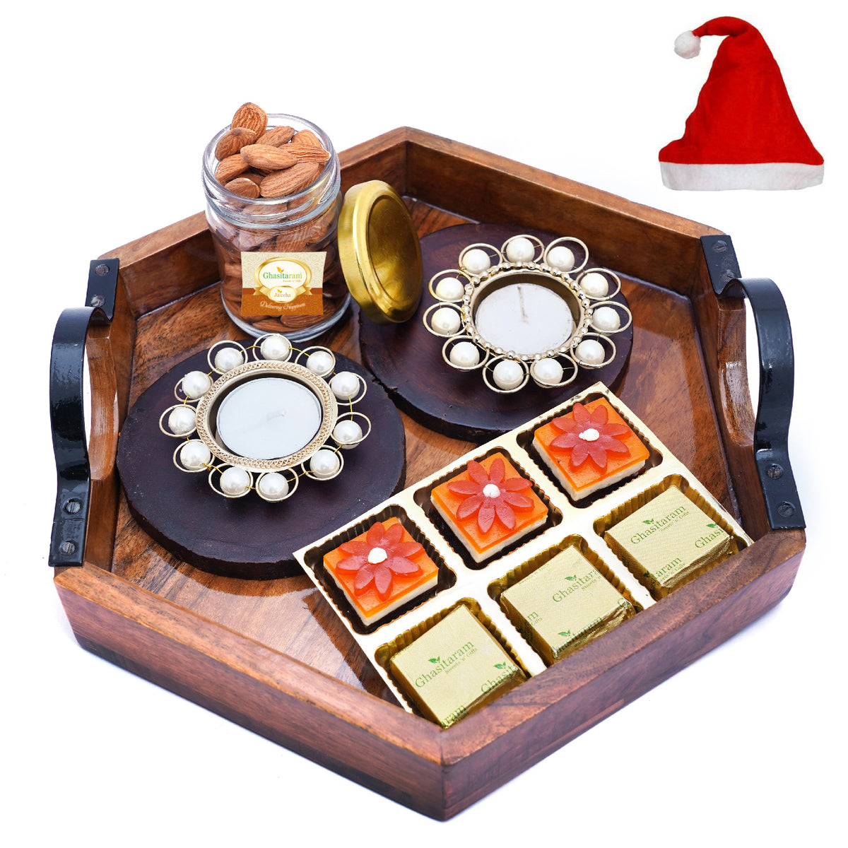 Hexagon Tray with 6 Assorted Bites, T-lites, Coasters and Almonds Jar
