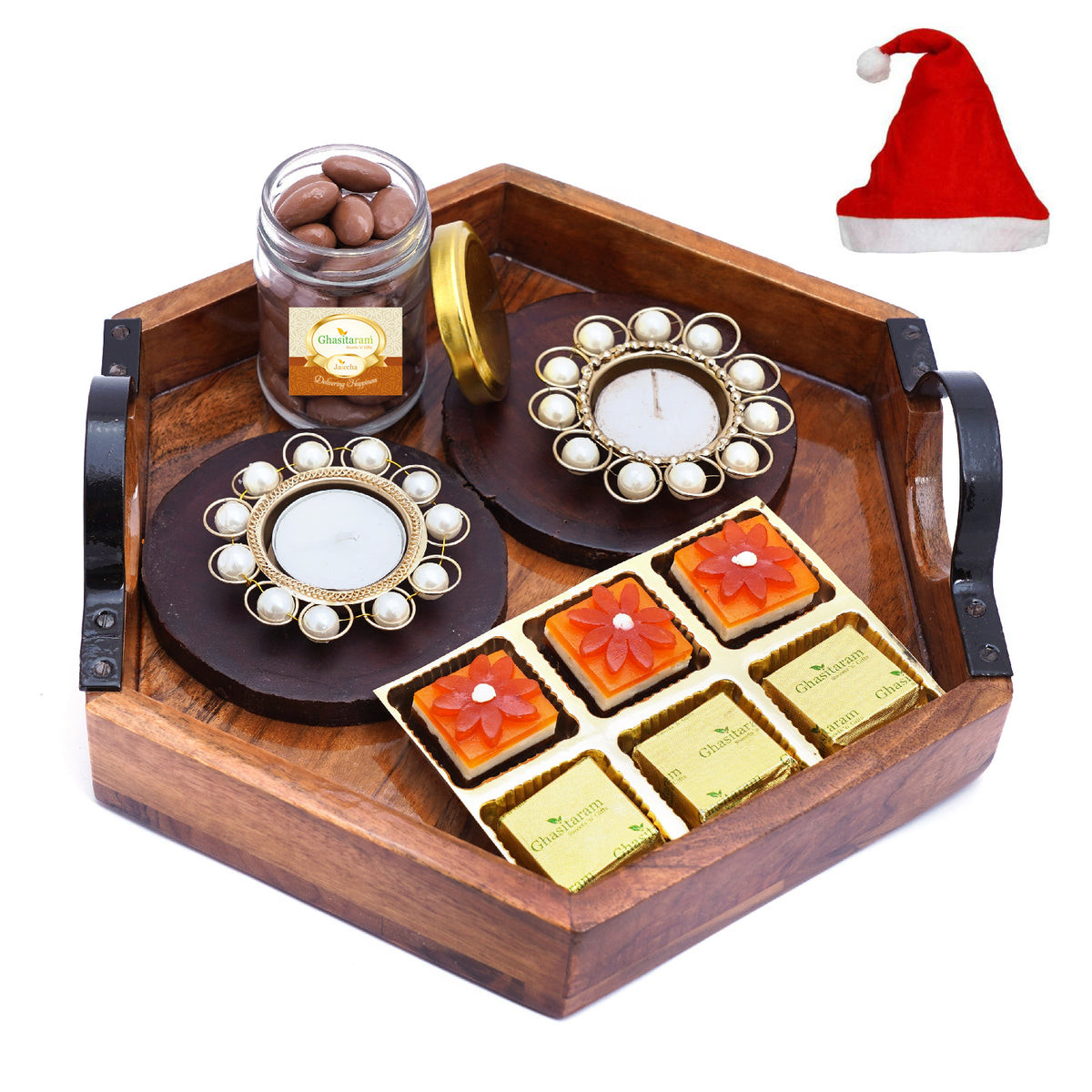 Hexagon Tray with 6 Assorted Bites, T-lites, Coasters and Chocolate Coated Almonds Jar