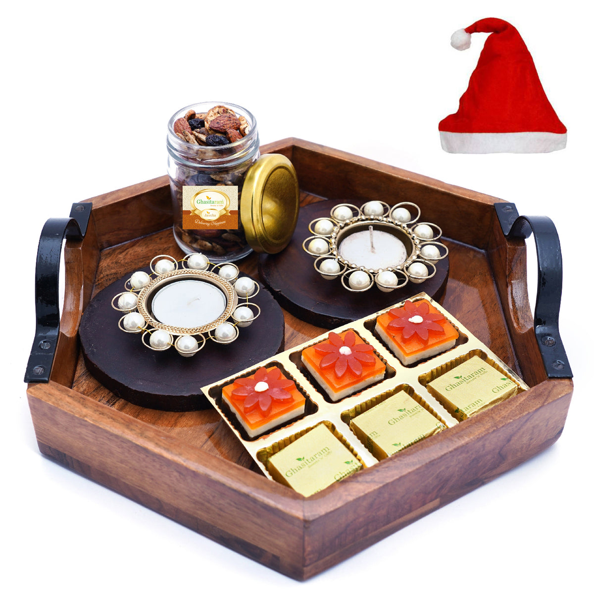 Hexagon Tray with 6 Assorted Bites, T-lites, Coasters and Mixed Dryfruit Jar