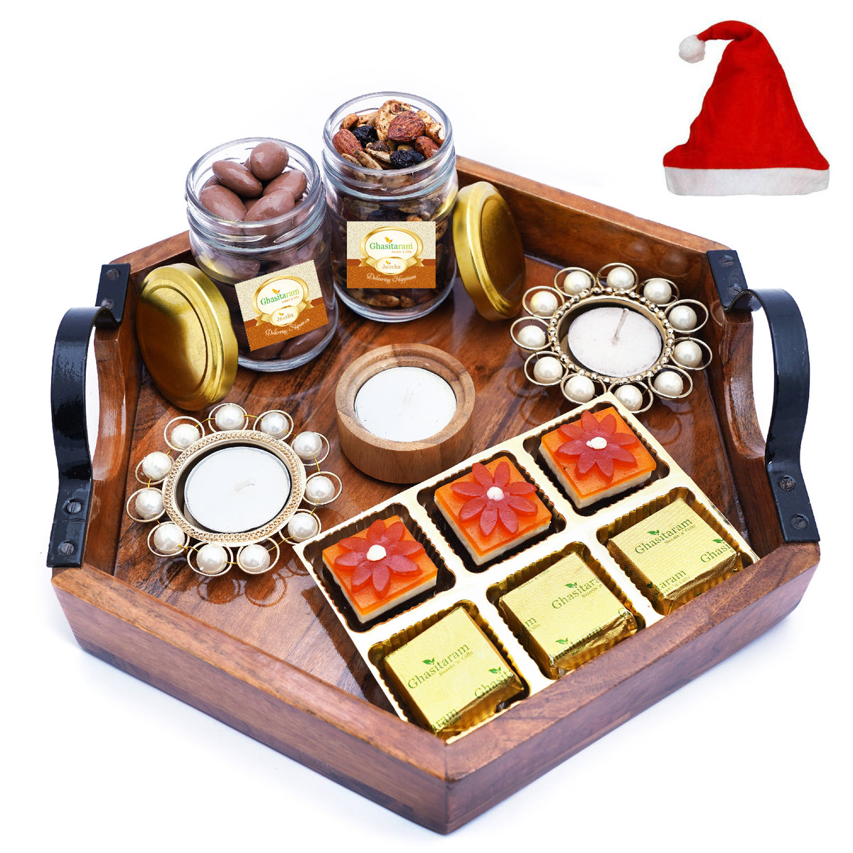 Hexagon Tray with 6 Assorted Bites, T-lites, Chocolate Coated Almonds and Mixed Dryfruit Jars