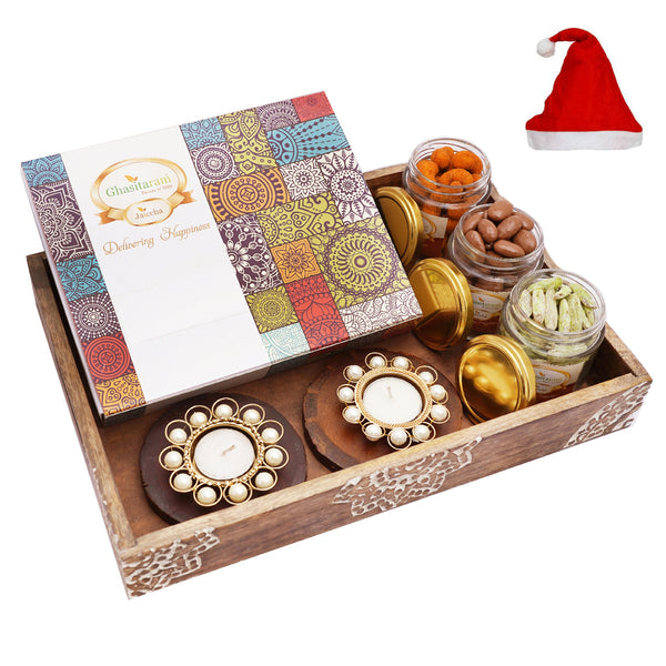Wooden Tray with Coasters and T-lites, Crunchy Coated Cashews, Chocolate Coated Almonds, Paan Raisins, Assorted Bites Box 12 pcs