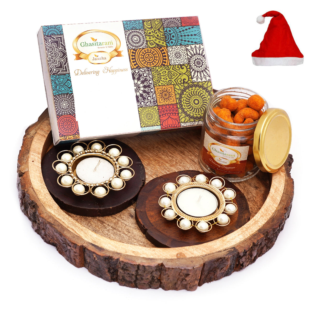 Log Platter with Coasters, T-Lites, Chocolate Coated Almonds Jars and Crunchy Coated Cashews.