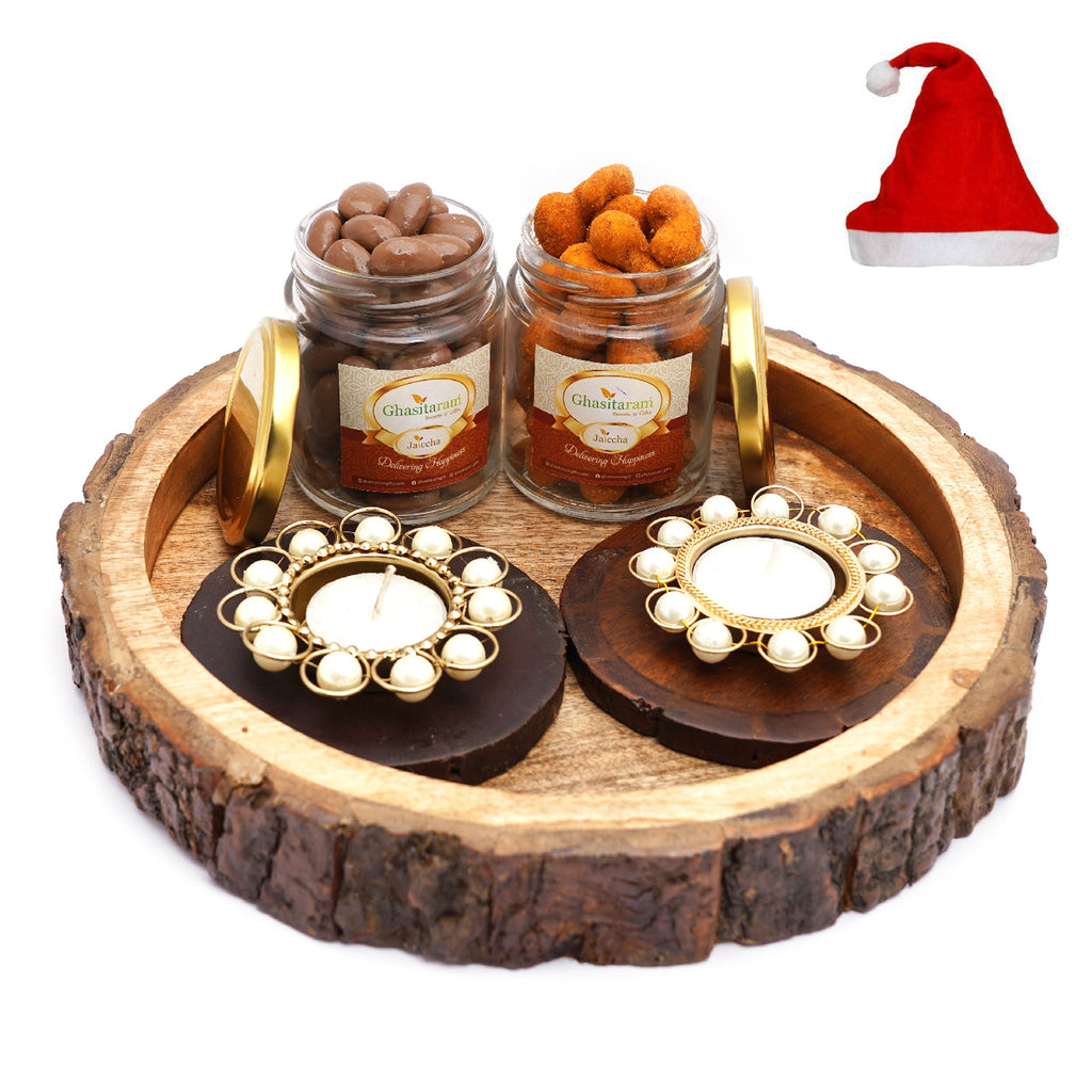 Log Platter with Coasters, T-Lites, Chocolate Coated Almonds Jars and Crunchy Coated Cashews.