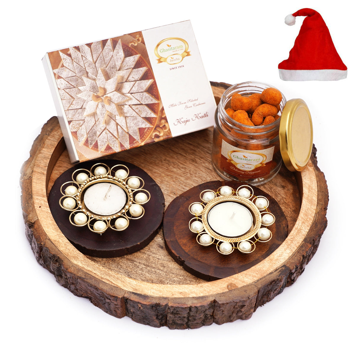 Log Platter with Coasters, T-Lites,  Crunchy Coated Cashews Jar and Kaju Katli