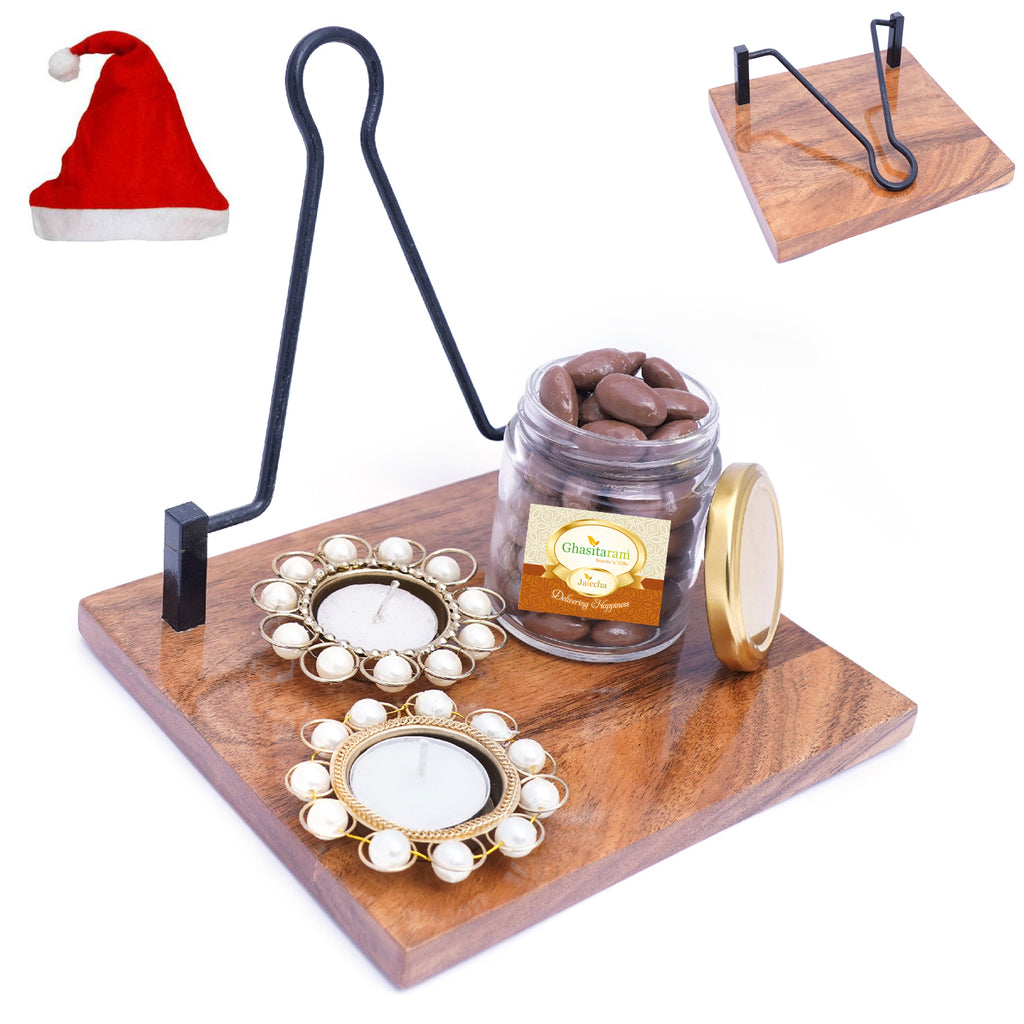 Napkin Holder with T-lites and Chocolate Coated Almonds Jar