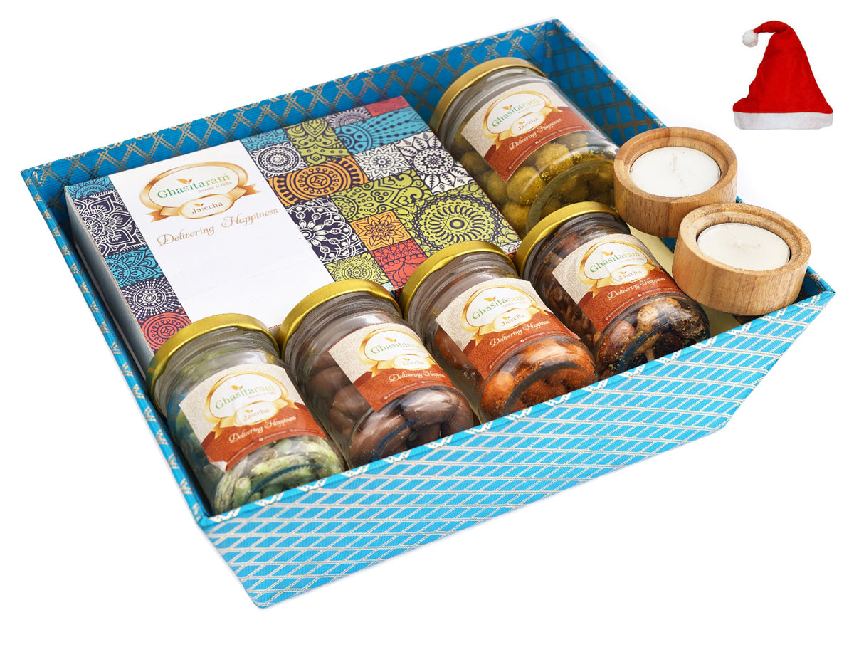 Perfect Basket of Assorted Bites, Nuts and Wooden T-lites