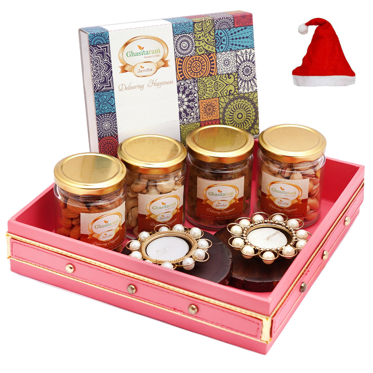 Pink Leather Basket of Assorted Bites,4 Jars of Dryfruits, Coasters and T-lites
