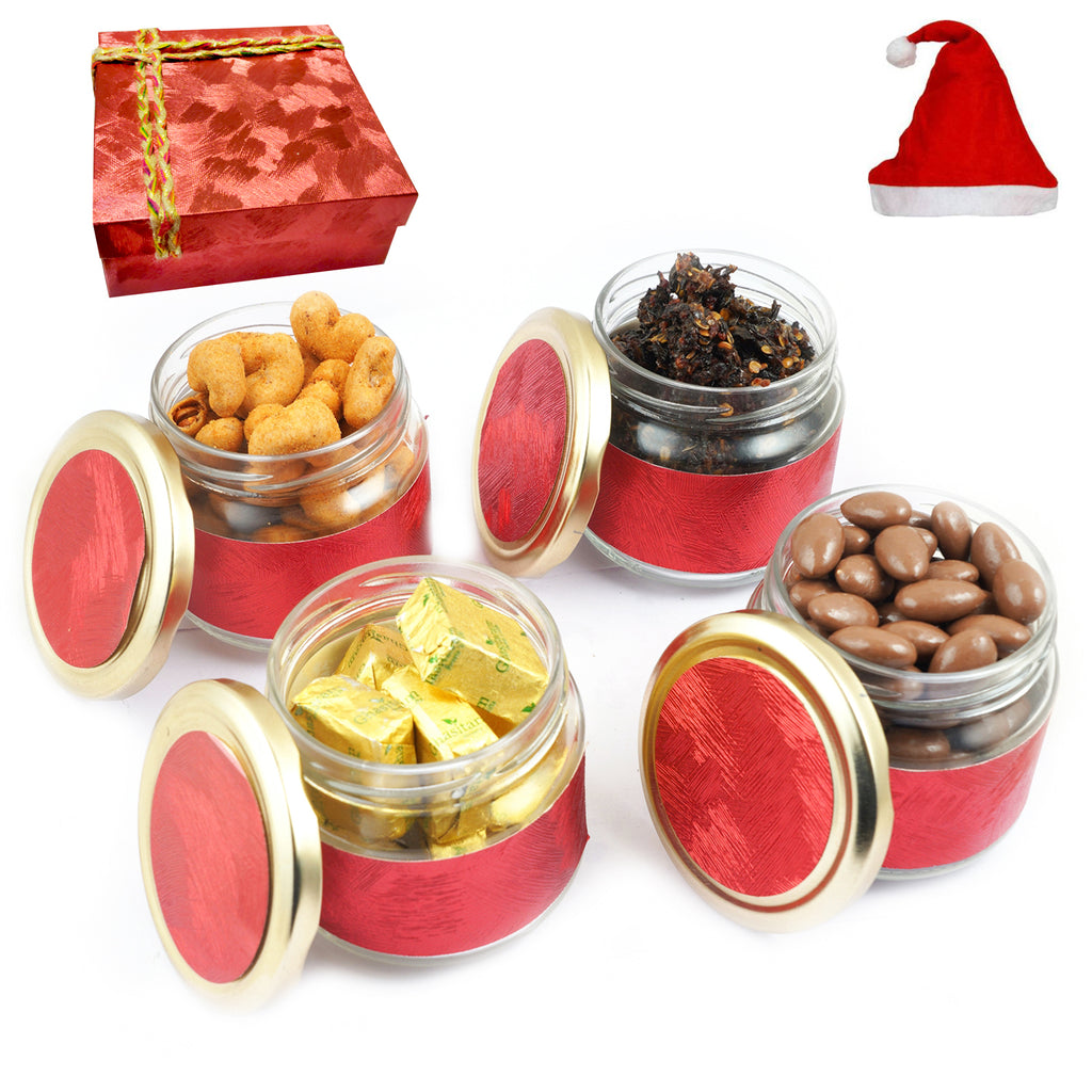 Red 4 Jars box of Mewa Bites, Chocolate Almonds, Crunchy Coated Cashews  and Banarsi Paan